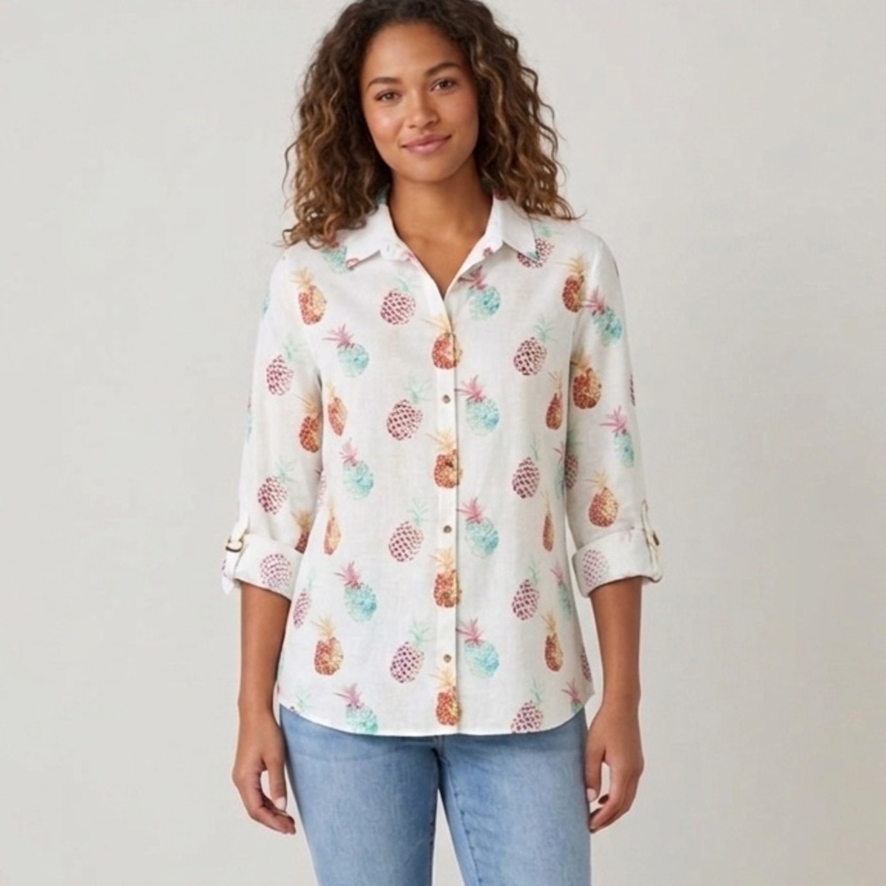 Chicos Shirt Womens Size 2 Large No Iron Button Tropical Pineapple Roll Sleeves